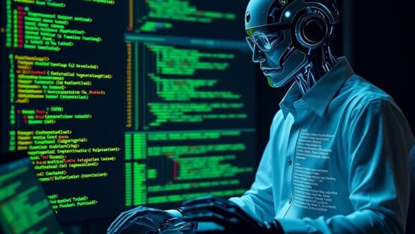 Developer coding with AI pair programmer, multiple holographic code editors with intelligent suggestions, futuristic IDE interface with emerald green and electric blue syntax highlighting, collaborative programming concept, no text no letters no words no writing