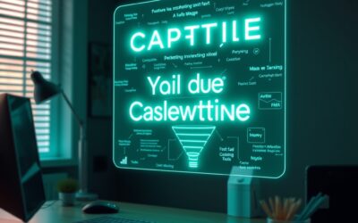 Professional workspace with glowing AI copywriting interface, floating persuasive text elements and marketing funnel hologram, emerald green and electric blue neon lighting, futuristic digital marketing concept, no text no letters no words no writing