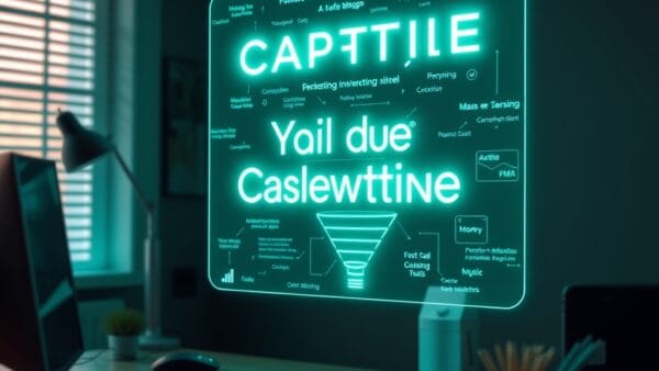 Professional workspace with glowing AI copywriting interface, floating persuasive text elements and marketing funnel hologram, emerald green and electric blue neon lighting, futuristic digital marketing concept, no text no letters no words no writing