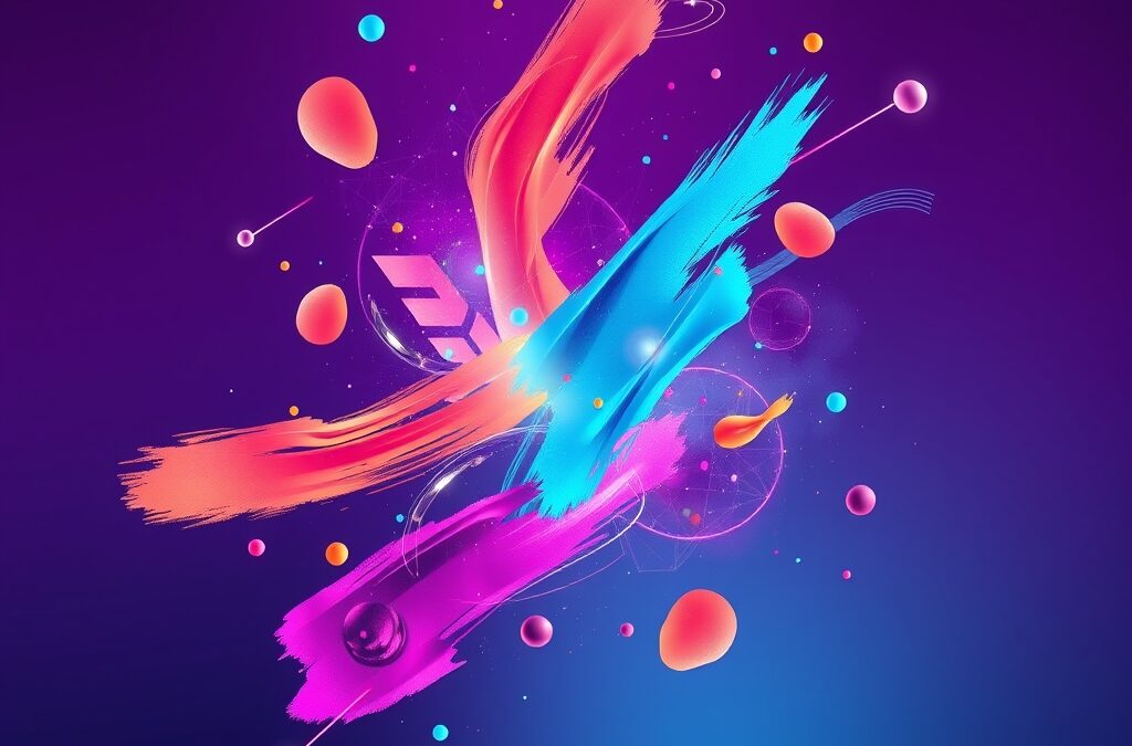 Abstract digital canvas with vibrant color palette floating brushstrokes and geometric shapes emerging from a glowing AI neural network, creative art generation concept, purple and cyan gradient background, modern minimalist style, soft studio lighting, high detail no text no letters no words no numbers
