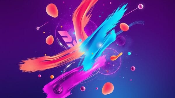 Abstract digital canvas with vibrant color palette floating brushstrokes and geometric shapes emerging from a glowing AI neural network, creative art generation concept, purple and cyan gradient background, modern minimalist style, soft studio lighting, high detail no text no letters no words no numbers