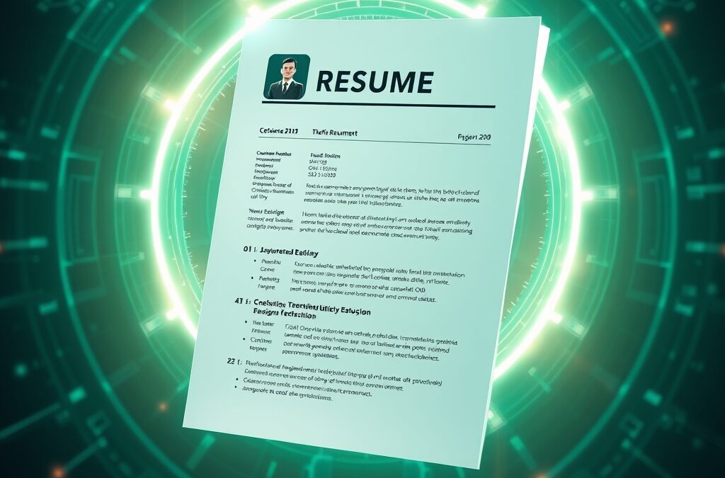 Professional resume document floating in futuristic digital space with AI optimization beams scanning and enhancing it, holographic career elements, emerald green and electric blue color palette, abstract technology concept, cinematic lighting, no text no letters no words no writing, 4k quality