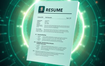 Professional resume document floating in futuristic digital space with AI optimization beams scanning and enhancing it, holographic career elements, emerald green and electric blue color palette, abstract technology concept, cinematic lighting, no text no letters no words no writing, 4k quality