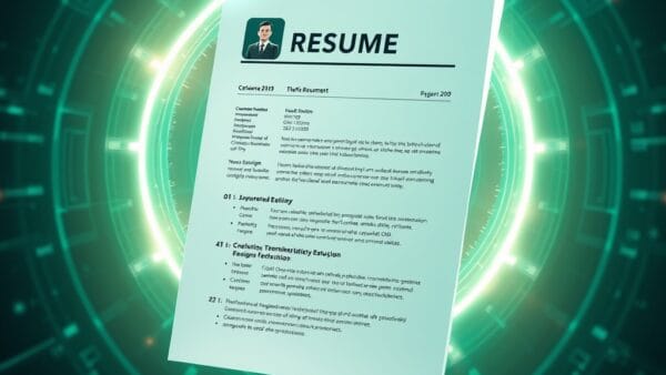 Professional resume document floating in futuristic digital space with AI optimization beams scanning and enhancing it, holographic career elements, emerald green and electric blue color palette, abstract technology concept, cinematic lighting, no text no letters no words no writing, 4k quality