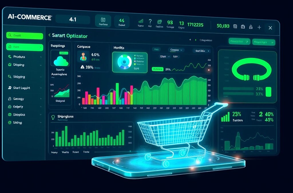 E-commerce dashboard powered by AI automation, product catalog with smart optimization, sales analytics hologram and shipping logistics visualization, emerald green and electric blue neon glow, online store concept, no text no letters no words no writing