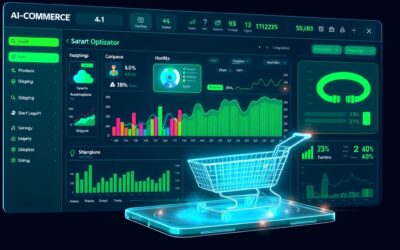 E-commerce dashboard powered by AI automation, product catalog with smart optimization, sales analytics hologram and shipping logistics visualization, emerald green and electric blue neon glow, online store concept, no text no letters no words no writing