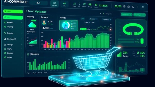 E-commerce dashboard powered by AI automation, product catalog with smart optimization, sales analytics hologram and shipping logistics visualization, emerald green and electric blue neon glow, online store concept, no text no letters no words no writing
