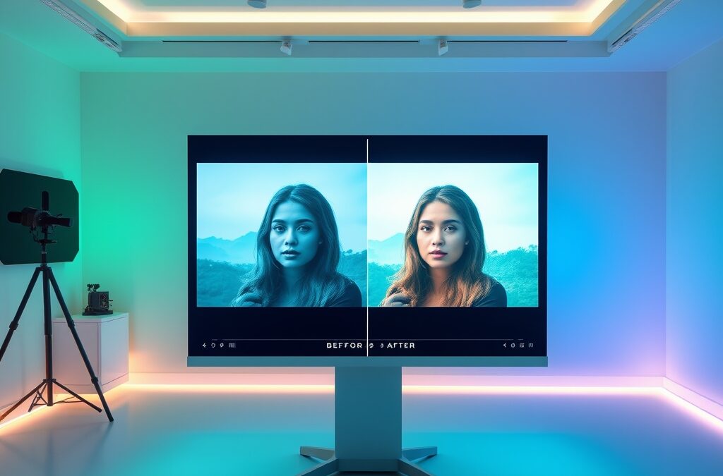 Creative photo editing studio with AI-powered retouching tools, before-after image transformation floating on holographic screen, emerald green and electric blue color grading, professional photography concept, no text no letters no words no writing