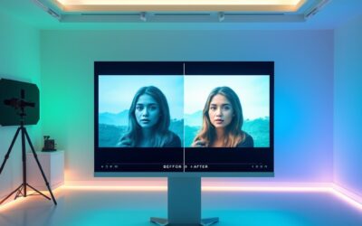 Creative photo editing studio with AI-powered retouching tools, before-after image transformation floating on holographic screen, emerald green and electric blue color grading, professional photography concept, no text no letters no words no writing