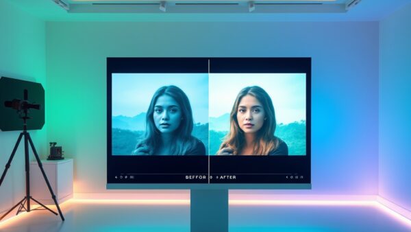 Creative photo editing studio with AI-powered retouching tools, before-after image transformation floating on holographic screen, emerald green and electric blue color grading, professional photography concept, no text no letters no words no writing