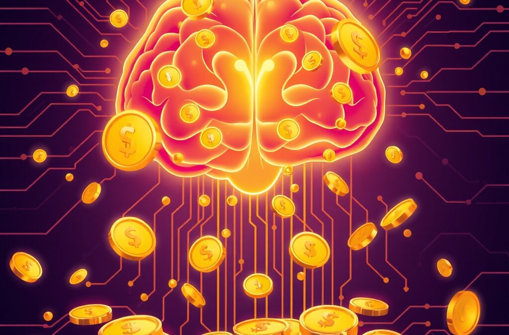 Abstract illustration of golden coins and currency symbols flowing from a glowing AI brain circuit, business opportunity concept, deep purple and gold color palette, modern vector art style, dramatic lighting from above, clean composition no text no letters no words no numbers