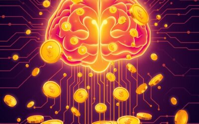 Abstract illustration of golden coins and currency symbols flowing from a glowing AI brain circuit, business opportunity concept, deep purple and gold color palette, modern vector art style, dramatic lighting from above, clean composition no text no letters no words no numbers