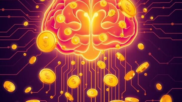 Abstract illustration of golden coins and currency symbols flowing from a glowing AI brain circuit, business opportunity concept, deep purple and gold color palette, modern vector art style, dramatic lighting from above, clean composition no text no letters no words no numbers