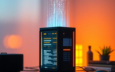 a miniature glowing server rack sitting on a home desk with warm ambient lighting and holographic data streams rising from it, cinematic editorial photography, blue sky and white with warm amber, no text no letters no words no writing no signs no labels no watermarks no logos no typography no numbers on surfaces