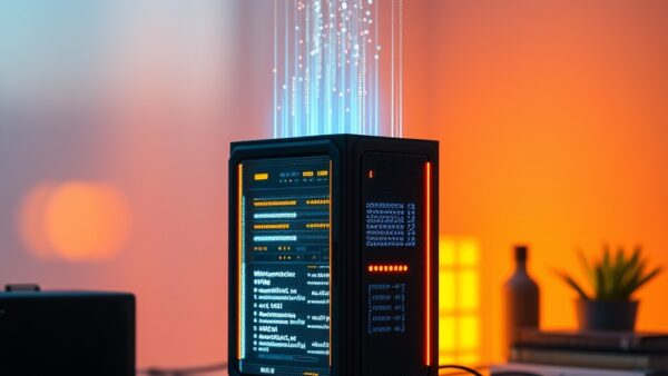 a miniature glowing server rack sitting on a home desk with warm ambient lighting and holographic data streams rising from it, cinematic editorial photography, blue sky and white with warm amber, no text no letters no words no writing no signs no labels no watermarks no logos no typography no numbers on surfaces