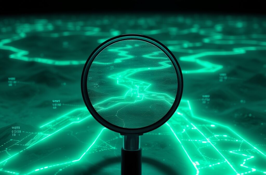 a magnifying glass revealing hidden glowing pathways in a vast digital landscape representing search optimization, cinematic editorial photography, emerald green and blue palette, no text no letters no words no writing no signs no labels no watermarks no logos no typography no numbers on surfaces
