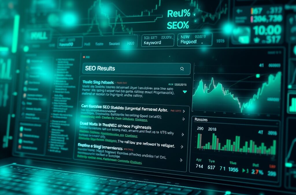 Futuristic SEO dashboard with AI neural network analyzing search engine results, holographic keyword clouds floating in space, emerald green and electric blue color palette, abstract digital technology concept, cinematic lighting, no text no letters no words no writing, 4k quality