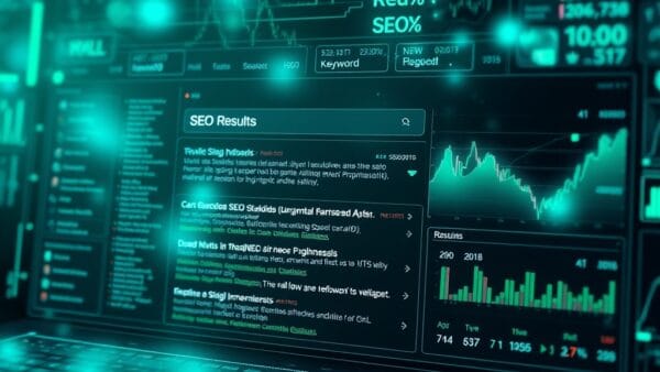 Futuristic SEO dashboard with AI neural network analyzing search engine results, holographic keyword clouds floating in space, emerald green and electric blue color palette, abstract digital technology concept, cinematic lighting, no text no letters no words no writing, 4k quality