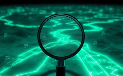 a magnifying glass revealing hidden glowing pathways in a vast digital landscape representing search optimization, cinematic editorial photography, emerald green and blue palette, no text no letters no words no writing no signs no labels no watermarks no logos no typography no numbers on surfaces