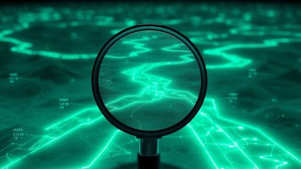 a magnifying glass revealing hidden glowing pathways in a vast digital landscape representing search optimization, cinematic editorial photography, emerald green and blue palette, no text no letters no words no writing no signs no labels no watermarks no logos no typography no numbers on surfaces