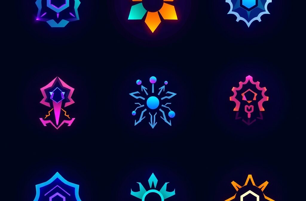 Collection of ten colorful abstract AI tool icons arranged in a grid pattern, each with unique geometric shape and glow, representing diverse AI capabilities, dark slate background with purple accent lighting, modern flat design, high detail clean composition no text no letters no words no numbers