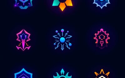 Collection of ten colorful abstract AI tool icons arranged in a grid pattern, each with unique geometric shape and glow, representing diverse AI capabilities, dark slate background with purple accent lighting, modern flat design, high detail clean composition no text no letters no words no numbers