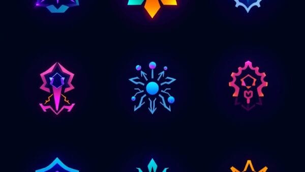 Collection of ten colorful abstract AI tool icons arranged in a grid pattern, each with unique geometric shape and glow, representing diverse AI capabilities, dark slate background with purple accent lighting, modern flat design, high detail clean composition no text no letters no words no numbers