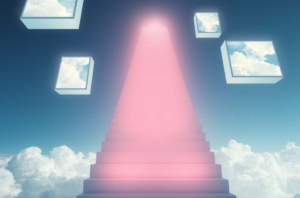 luminous staircase of light ascending through clouds with floating holographic art frames showing abstract paintings, cinematic editorial photography, blue sky and white palette, no text no letters no words no writing no signs no labels no watermarks no logos no typography no numbers on surfaces