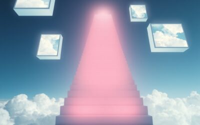 luminous staircase of light ascending through clouds with floating holographic art frames showing abstract paintings, cinematic editorial photography, blue sky and white palette, no text no letters no words no writing no signs no labels no watermarks no logos no typography no numbers on surfaces