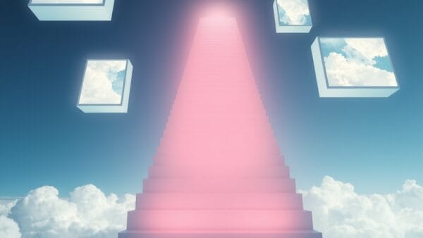 luminous staircase of light ascending through clouds with floating holographic art frames showing abstract paintings, cinematic editorial photography, blue sky and white palette, no text no letters no words no writing no signs no labels no watermarks no logos no typography no numbers on surfaces