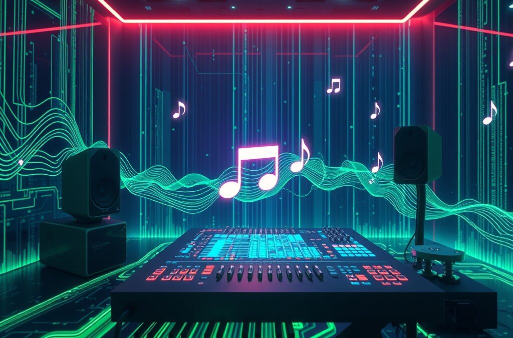 Abstract digital music studio with AI sound waves visualization, synthesizer hologram and musical notes flowing through neural network, emerald green and electric blue color palette, futuristic audio technology concept, cinematic lighting, no text no letters no words no writing, 4k quality