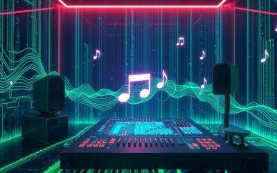 Abstract digital music studio with AI sound waves visualization, synthesizer hologram and musical notes flowing through neural network, emerald green and electric blue color palette, futuristic audio technology concept, cinematic lighting, no text no letters no words no writing, 4k quality