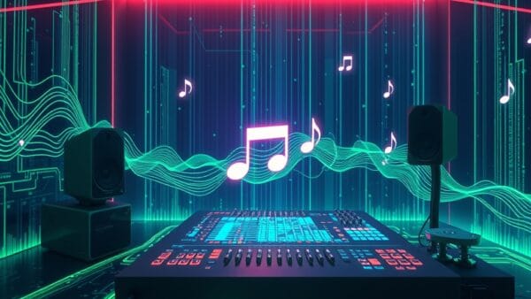 Abstract digital music studio with AI sound waves visualization, synthesizer hologram and musical notes flowing through neural network, emerald green and electric blue color palette, futuristic audio technology concept, cinematic lighting, no text no letters no words no writing, 4k quality