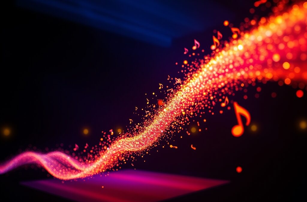 abstract sound waves transforming into colorful light particles forming musical notes floating in a dark concert hall, cinematic editorial photography, blue sky violet and warm amber, no text no letters no words no writing no signs no labels no watermarks no logos no typography no numbers on surfaces