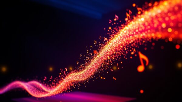 abstract sound waves transforming into colorful light particles forming musical notes floating in a dark concert hall, cinematic editorial photography, blue sky violet and warm amber, no text no letters no words no writing no signs no labels no watermarks no logos no typography no numbers on surfaces