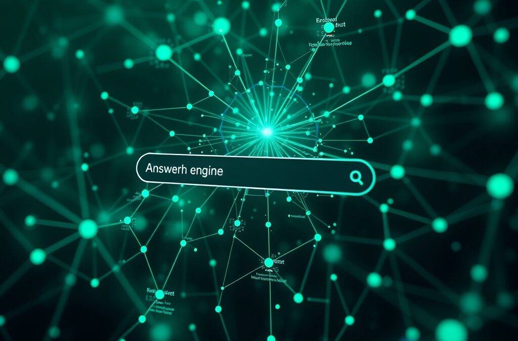 Futuristic AI search engine interface with Perplexity-style answer engine visualization, knowledge graph nodes connecting sources, emerald green and electric blue color palette, abstract research technology concept, cinematic lighting, no text no letters no words no writing, 4k quality