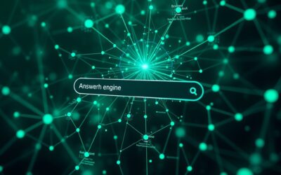Futuristic AI search engine interface with Perplexity-style answer engine visualization, knowledge graph nodes connecting sources, emerald green and electric blue color palette, abstract research technology concept, cinematic lighting, no text no letters no words no writing, 4k quality
