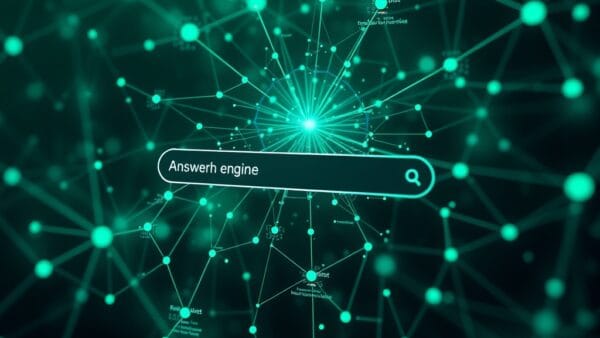 Futuristic AI search engine interface with Perplexity-style answer engine visualization, knowledge graph nodes connecting sources, emerald green and electric blue color palette, abstract research technology concept, cinematic lighting, no text no letters no words no writing, 4k quality