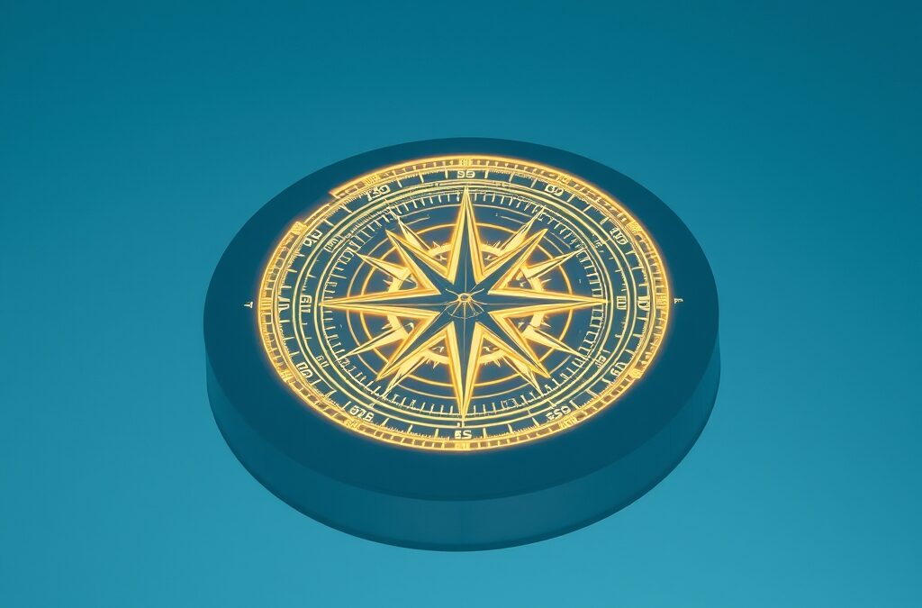 a glowing compass made of light with intricate holographic instructions radiating outward like a mandala, cinematic editorial photography, blue sky and white palette, no text no letters no words no writing no signs no labels no watermarks no logos no typography no numbers on surfaces