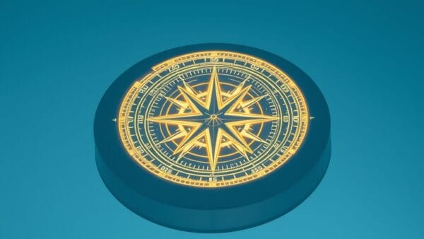 a glowing compass made of light with intricate holographic instructions radiating outward like a mandala, cinematic editorial photography, blue sky and white palette, no text no letters no words no writing no signs no labels no watermarks no logos no typography no numbers on surfaces