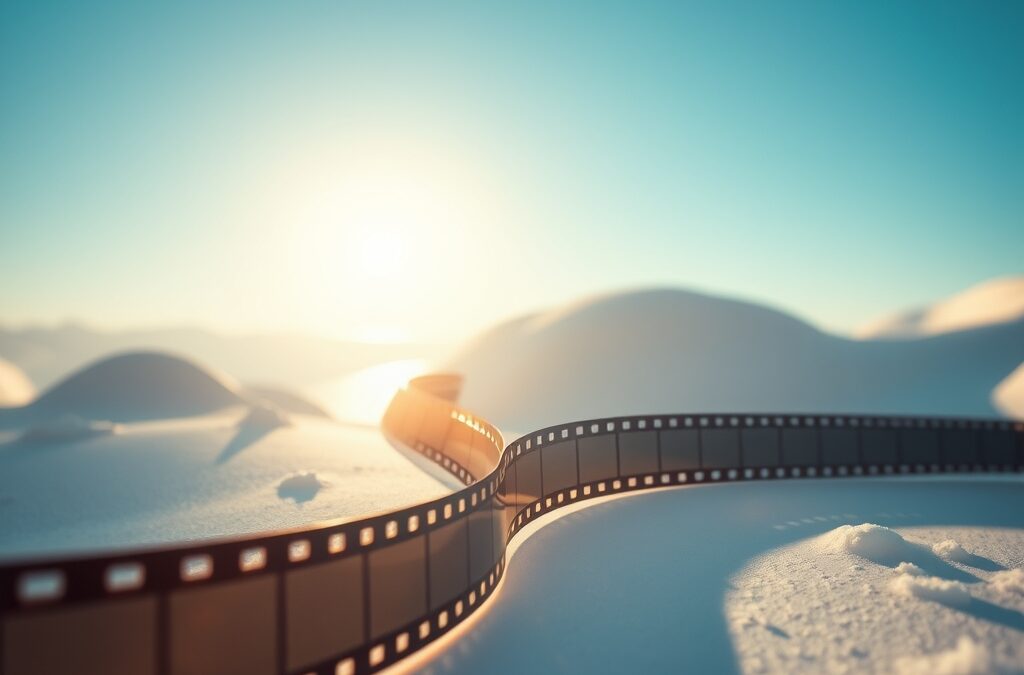 a cinematic film reel transforming into flowing streams of light and color creating a miniature movie scene, cinematic editorial photography, blue sky and white with warm accents, no text no letters no words no writing no signs no labels no watermarks no logos no typography no numbers on surfaces