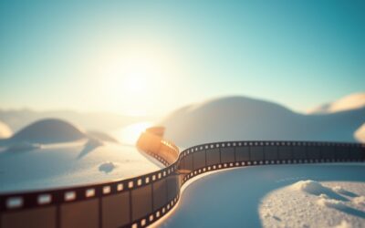 a cinematic film reel transforming into flowing streams of light and color creating a miniature movie scene, cinematic editorial photography, blue sky and white with warm accents, no text no letters no words no writing no signs no labels no watermarks no logos no typography no numbers on surfaces