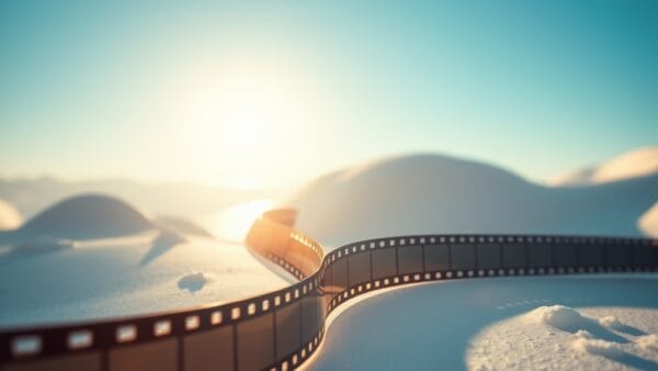 a cinematic film reel transforming into flowing streams of light and color creating a miniature movie scene, cinematic editorial photography, blue sky and white with warm accents, no text no letters no words no writing no signs no labels no watermarks no logos no typography no numbers on surfaces