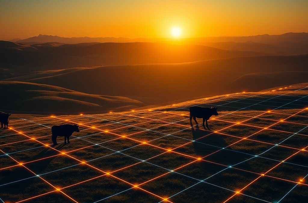 Silhouette of cattle grazing on rolling green hills at golden hour, translucent holographic GPS grid and data visualization overlay in institutional blue and gold, virtual fence boundaries shown as glowing amber lines across the landscape, satellite view merging with ground level perspective, cinematic editorial photography, warm pastoral tones contrasting with cool technology elements, no text, no letters, no words, no writing, no signs, no labels, no watermarks, no logos, no typography, no numbers on surfaces