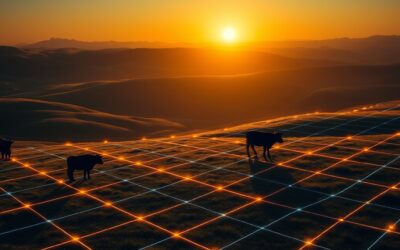 Silhouette of cattle grazing on rolling green hills at golden hour, translucent holographic GPS grid and data visualization overlay in institutional blue and gold, virtual fence boundaries shown as glowing amber lines across the landscape, satellite view merging with ground level perspective, cinematic editorial photography, warm pastoral tones contrasting with cool technology elements, no text, no letters, no words, no writing, no signs, no labels, no watermarks, no logos, no typography, no numbers on surfaces
