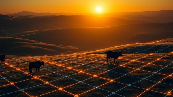 Silhouette of cattle grazing on rolling green hills at golden hour, translucent holographic GPS grid and data visualization overlay in institutional blue and gold, virtual fence boundaries shown as glowing amber lines across the landscape, satellite view merging with ground level perspective, cinematic editorial photography, warm pastoral tones contrasting with cool technology elements, no text, no letters, no words, no writing, no signs, no labels, no watermarks, no logos, no typography, no numbers on surfaces