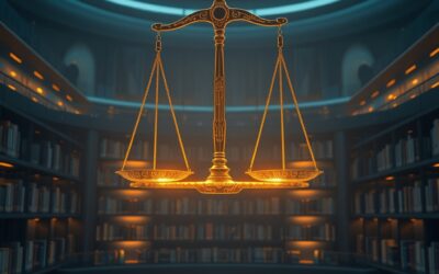 A glowing holographic scales of justice floating above a futuristic law library with digital bookshelves, an AI circuit pattern woven into the balance beam, deep navy and gold palette with amber accents, cinematic editorial photography, dramatic side lighting, subject in upper two thirds, no text, no letters, no words, no writing, no signs, no labels, no watermarks, no logos, no typography, no numbers on surfaces