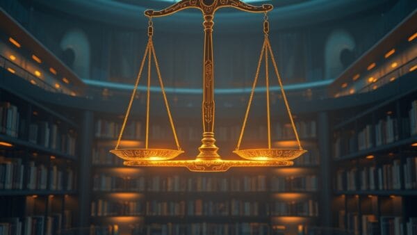 A glowing holographic scales of justice floating above a futuristic law library with digital bookshelves, an AI circuit pattern woven into the balance beam, deep navy and gold palette with amber accents, cinematic editorial photography, dramatic side lighting, subject in upper two thirds, no text, no letters, no words, no writing, no signs, no labels, no watermarks, no logos, no typography, no numbers on surfaces