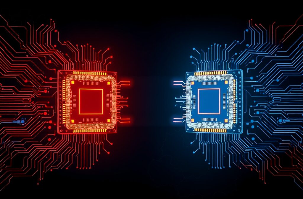 Abstract geopolitical tech illustration showing two glowing microchip processors facing each other across a divide, one in red-gold tones and one in blue-silver tones, circuit board patterns radiating outward, dark dramatic background with subtle map outlines, no text no letters no words no typography, 16:9 ratio