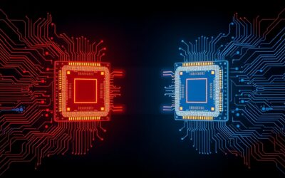 Abstract geopolitical tech illustration showing two glowing microchip processors facing each other across a divide, one in red-gold tones and one in blue-silver tones, circuit board patterns radiating outward, dark dramatic background with subtle map outlines, no text no letters no words no typography, 16:9 ratio